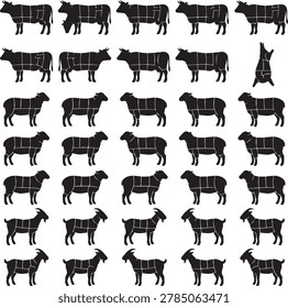 Professional butcher shop illustration featuring livestock silhouettes with white division lines. Detailed chart for identifying specific meat cuts of beef mutton and goat meat.
