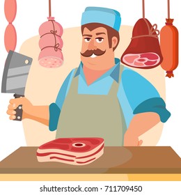 Professional Butcher Vector. Classic Butcher Man With Knife. Eco Farm Organic Market. For Storeroom Advertising. Cartoon Isolated Illustration.