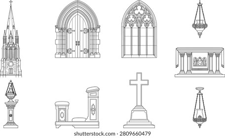 Professional CAD-style vector collection featuring Gothic church architectural elements including cathedral tower, arched doorway, stained glass window, altar, memorial cross, hanging sanctuary lamps, monument, and decorative pedestal. Ideal for architectural drawings, religious publications, restoration projects, educational materials, and commercial stock vector libraries.