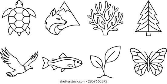 Professional CAD-style vector collection featuring wildlife and nature elements including a sea turtle, mountain fox, coral branch, evergreen tree, soaring eagle, freshwater fish, sprouting plant, and butterfly. Ideal for environmental education, conservation projects, outdoor publications, eco branding, and commercial stock vector libraries.