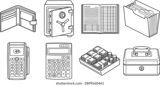 Professional CAD-style vector icon collection featuring financial office essentials including a wallet, security safe, accounting ledger, document organizer, payment terminal, calculator, cash tray, and lockable cash box. Ideal for banking, accounting, fintech, office documentation, financial education, business applications, and commercial stock vector libraries.