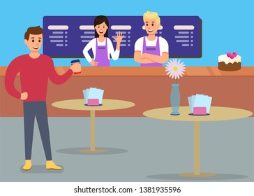 Professional Cafe Service Satisfied Customer Ad Banner Vector Friendly Sellers Woman Waitress Male Barman Welcoming Client at Food Court Pleased Visitor with Coffee Expressing Gratitude Illustration