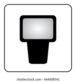 Professional camera flash icon. Photographic external equipment for digital photograph studio. Closeup photography. Black silhouette. Design elements, isolated on white background. Vector illustration