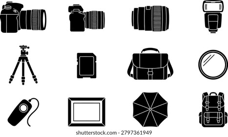Professional camera gear icon set with DSLR, lenses, tripod and photography accessories.