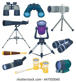 Professional camera lens binoculars glass look-see spyglass optics device camera digital focus optical equipment vector illustration
