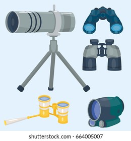 Professional camera lens binoculars glass look-see spyglass optics device camera digital focus optical equipment vector illustration