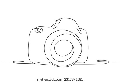 Professional camera with lens. Photographer's tool. World Photography Day. One line drawing for different uses. Vector illustration.