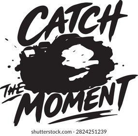 Professional camera lens shutter icon paired with creative catch moment typography black graphic element isolated on white background artistic ink splash design style perfect for photography studio branding creative agency logos and visual storytelling marketing assets.