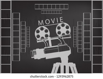 Professional camera on a tripod and film on a black background