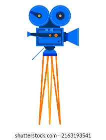 Professional camera on a tripod - flat design style single isolated object. Neat detailed image of vintage video device. Cinematography and filmmaker, equipment, technology and movie production idea