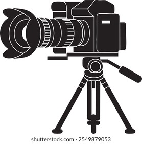 "Professional Camera on Tripod Vector Icon - Black Silhouette Design for Photography, Filmmaking, and Graphic Design Projects"

