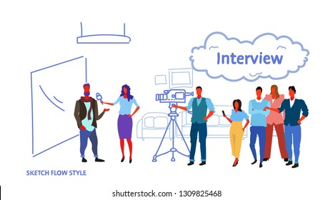 professional camera recording female presenter interviewing in television studio with crew reporter taking interview with man mass media announcement concept horizontal sketch