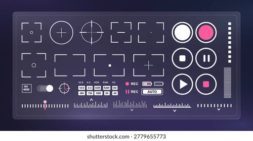 Professional camera viewfinder interface set with video recording elements. Digital UI, UX kit featuring focus frames, record button, multimedia settings for futuristic photography design. Vector UI