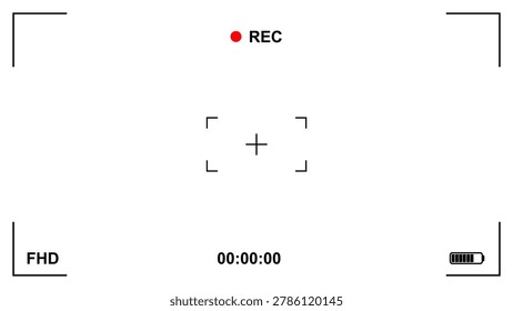 Professional camera viewfinder screen with focus frame overlay. Digital photography tool for capturing perfect shots with grid composition and recording display interface. Vector illustration.