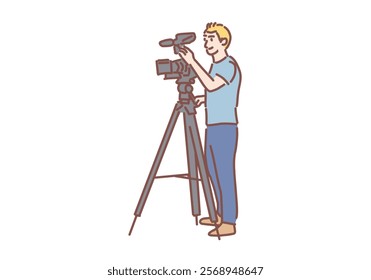 A professional cameraman with a camera mounted on a tripod captures. Hand drawn style vector design illustrations.