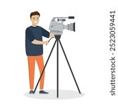 Professional cameraman, motion artist with camera. cartoon caucasian male character isolated on background, flat vector illustration