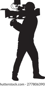 Professional cameraman recording with large video camera black silhouette vector art