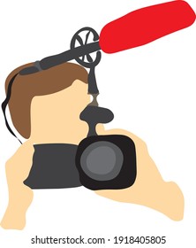 Icono vectorial del camarógrafo profesional: cabeza y manos del camarógrafo sujetando una cámara con micrófono 