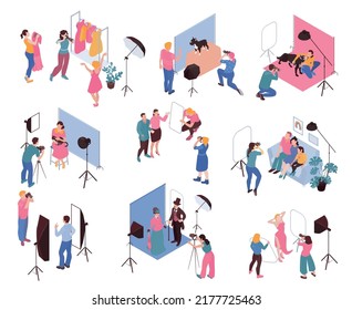 Professional cameraman workflow process isometric color set of models and photographers in different interiors isolated vector illustration