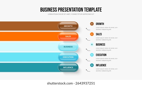 Layout do Quadro do Diagrama de Cinco Elementos da Campanha Profissional. Design de Apresentação Infográfica da Opção 5 do Desempenho de Serviço. Ilustração do Vetor de Modelo de Apresentação de Slides de Crescimento de Marketing.