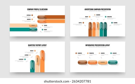 Campanha Profissional Quatro Cinco Três Quatro Opção Infográfico Slideshow Design Vetor Illustration Bundle. Coleção de Modelos de Slide de Diagrama de Elemento 4 5 3 4 da Exposição de Produtos.
