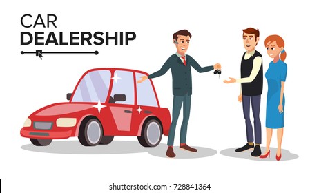 Vector de Revendedor de Carro Profissional. Vendedor Automóvel Profissional Feliz. Escolhendo e vendendo um carro. Isolado em branco ilustração de personagens de desenhos animados