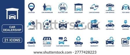 Professional car dealership icon set designed for automotive business, sales platforms, and vehicle services. Includes new and used cars, car rental, financing, warranty, dealership, customer service, insurance, electric and hybrid vehicles. Clean solid vector icons perfect for websites, apps, and automotive marketing materials.