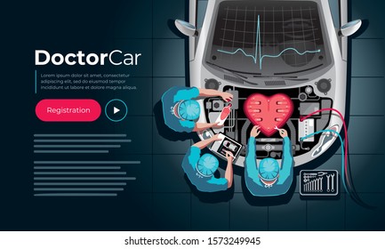 Professional car engine repair in the form of a heart by car mechanics in doctors clothes. Landing page template.