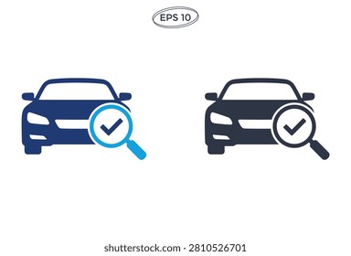 A professional car inspection vector icon featuring a vehicle silhouette with a magnifying glass and a check mark indicating a successful diagnostic or maintenance check
