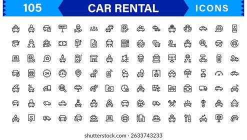 Conjunto de ícones profissional de aluguel de carros com os símbolos de veículo, localização, reserva, chave e transporte em um estilo limpo, moderno e baseado em vetor