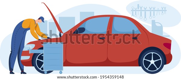 Professional car repair, scheduled auto service,\
vehicle maintenance, design cartoon style vector illustration,\
isolated on\
white.