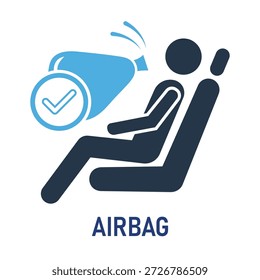 Ilustración vectorial de seguridad del coche de Profesional. Pasajero sentado en el asiento con el símbolo del airbag desplegado y el indicador verificado de la marca de verificación.