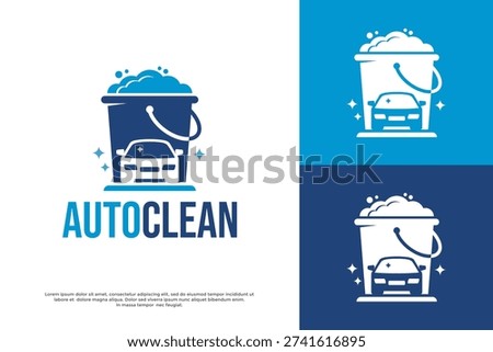 Professional car wash and auto detailing logo featuring a car silhouette inside a cleaning bucket with soap bubbles.
