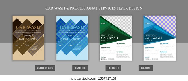 Professional car wash creative flyer brochure foam, liquid, drive, maintenance, garage, foam, mechanic, bubble, clean, service, rent, repair, servicing, wax, polish eps print ready file template.