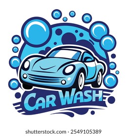 Professional Car Wash Logo with Bubbles and Sport Car Illustration