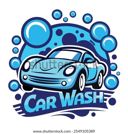 Professional Car Wash Logo with Bubbles and Sport Car Illustration