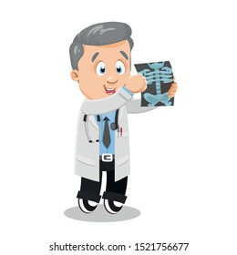Professional cardiologist in white lab coat looking at x-ray. Silver haired doctor, osteopathic physician studying roentgenogram of patient. Vector cartoon illustration isolated on white background.