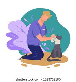 Professional care for animals at veterinary clinics. Isolated male character with kitten using stretching band to help kitty. Hospital with specialist vet, check up of pet, vector in flat style