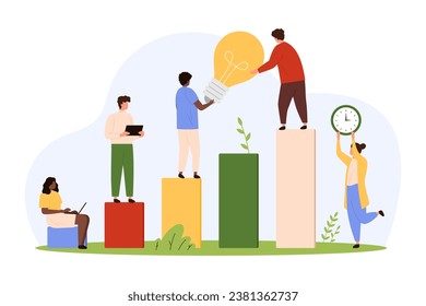 Professional career and creative ideas, opportunity for business development vector illustration. Cartoon tiny people holding light bulb with efforts on top of ladder with steps, solidarity in support