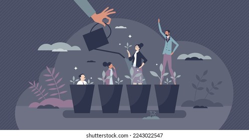 Professional career growth and personal development tiny person concept. Work performance improvement with high training, determination and ambition skills vector illustration. Employee job success.