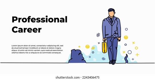 Professional career web banner. Vector illustration of man walking with holding briefcase. Modern flat in continuous line style.