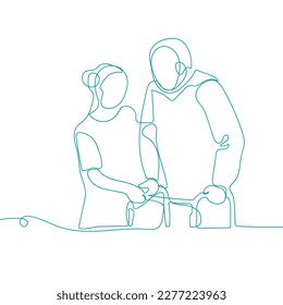 Professional caregiver looking after her patient. Disability, rehabilitation line art.