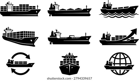 Professional cargo ship icon collection featuring freight vessels, maritime transportation, shipping logistics and cargo delivery symbols.