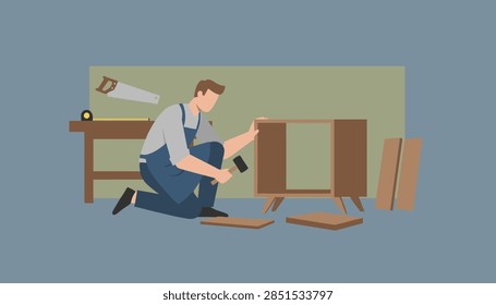 Professional carpenter kneeling down while assembling a modern wooden cabinet using a hammer in his workshop with tools on the table.