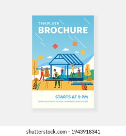 Professional carpenter team building wall and rooftop structure isolated flat vector illustration. Cartoon builders in protective uniform building wooden house. Construction and teamwork concept