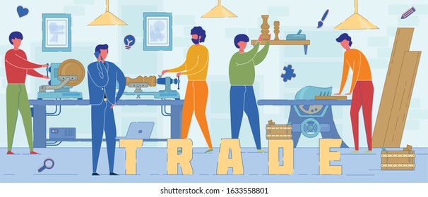 Professional Carpenter Trade Word Concept Banner. Cartoon Carpentry Experts Carving Wooden Details. Individual Furniture Manufacturing Idea. Equipped Carpenters Workshop, Production Facility