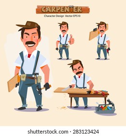 professional carpenter in various action with typographic. careers character design - vector illustration