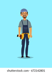 professional carpenter in various action with typographic. careers character design - vector illustration