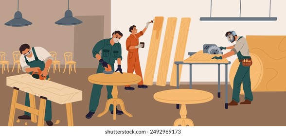 Professional carpenters make timber furniture. People in working uniforms. Woodworkers plan logs. Manufacture processing. Carpentry sawmill. Workers grind wood. Garish