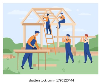 Professional carpenters team building house isolated flat vector illustration. Cartoon builders in uniform making roof and wall structure. Construction and teamwork concept